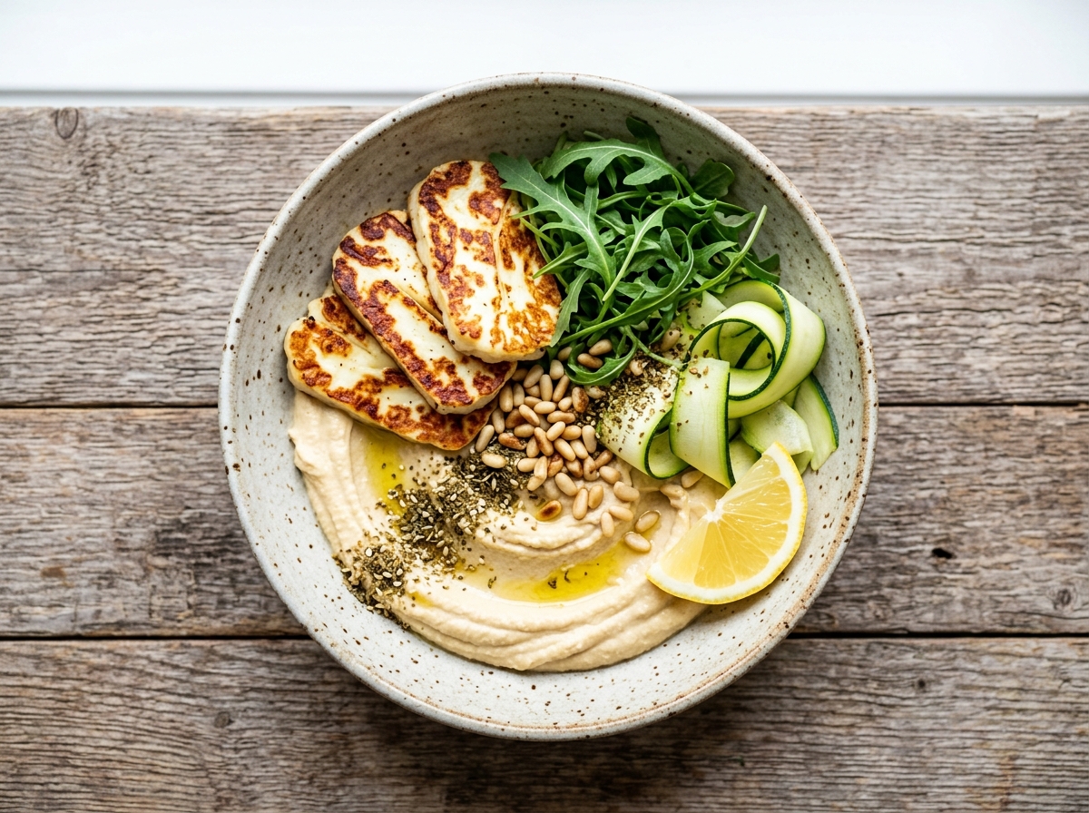 Cremiger Zucchini-Zitronen-Hummus-Bowl mit geröstetem Halloumi
