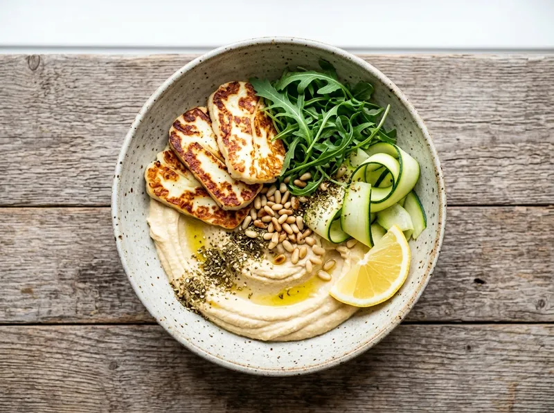 Cremiger Zucchini-Zitronen-Hummus-Bowl mit geröstetem Halloumi