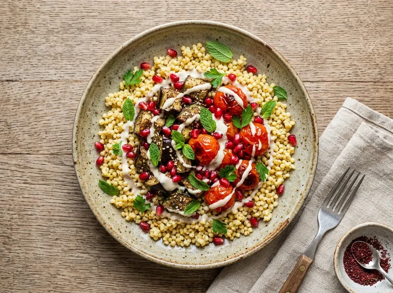 Duftende Za'atar-Hirse mit geröstetem Ofengemüse und Granatapfel-Tahini