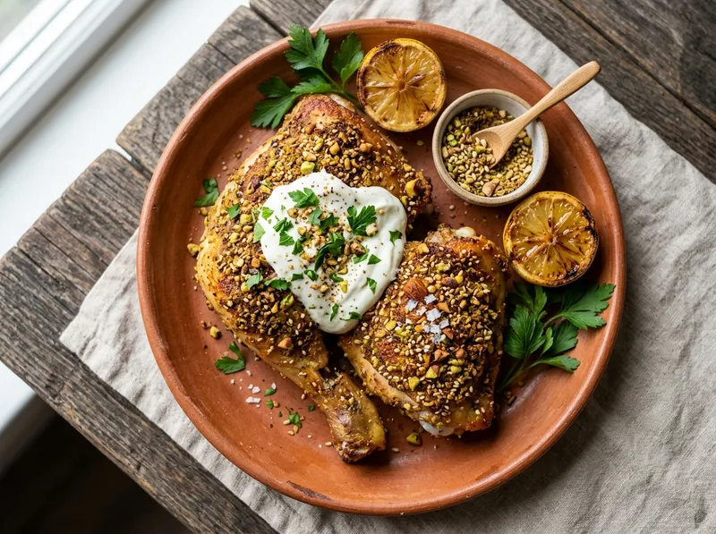 Dukkah-Hahnchen mit Zitronen-Joghurt und frischer Petersilie