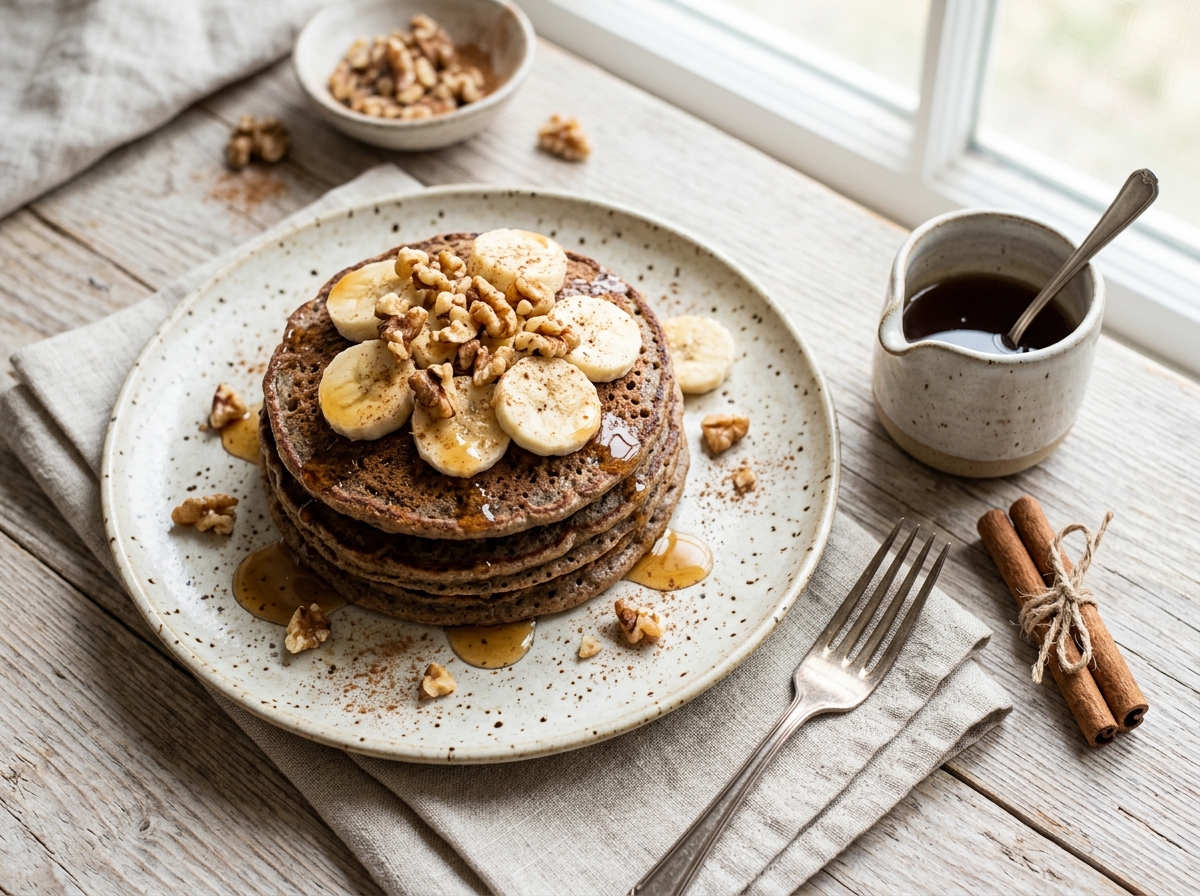 Fluffige Buchweizen-Bananen-Pancakes mit Zimt-Walnuss-Topping