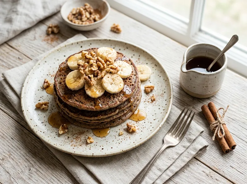 Fluffige Buchweizen-Bananen-Pancakes mit Zimt-Walnuss-Topping