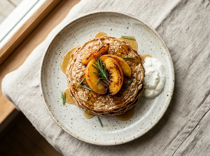 Fluffige Dinkel-Joghurt-Pancakes mit karamellisiertem Pfirsich-Rosmarin-Topping