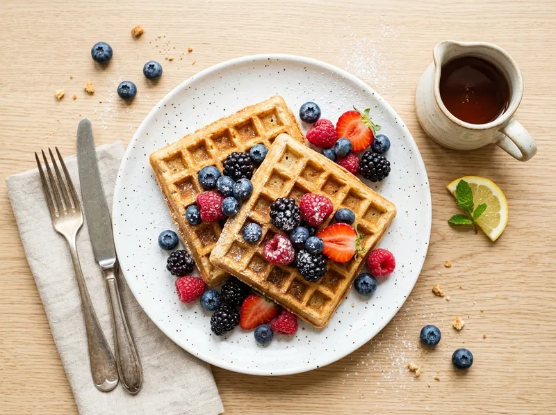Fluffige Dinkel-Zitronen-Waffeln mit frischen Beeren und Ahornsirup