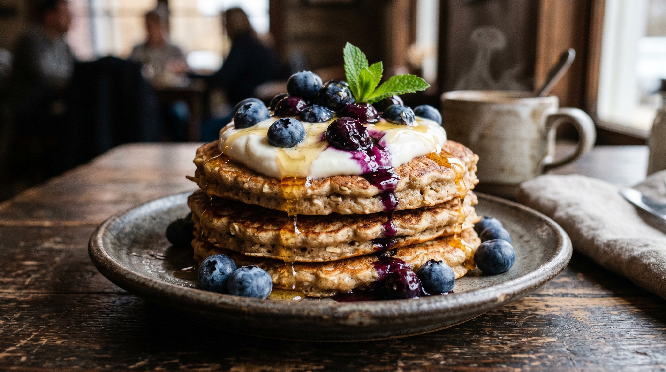 Fluffige Hafer-Blaubeer-Pfannkuchen mit Honig-Joghurt
