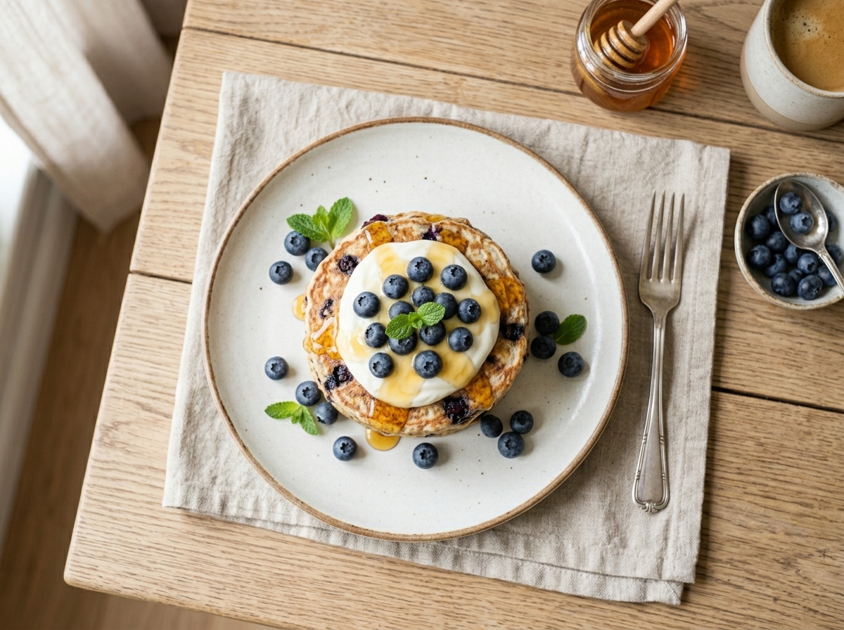 Fluffige Hafer-Blaubeer-Pfannkuchen mit Honig-Joghurt
