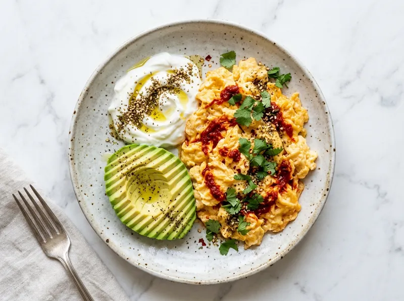 Fluffige Harissa-Rühreier mit Avocado und Za'atar-Joghurt