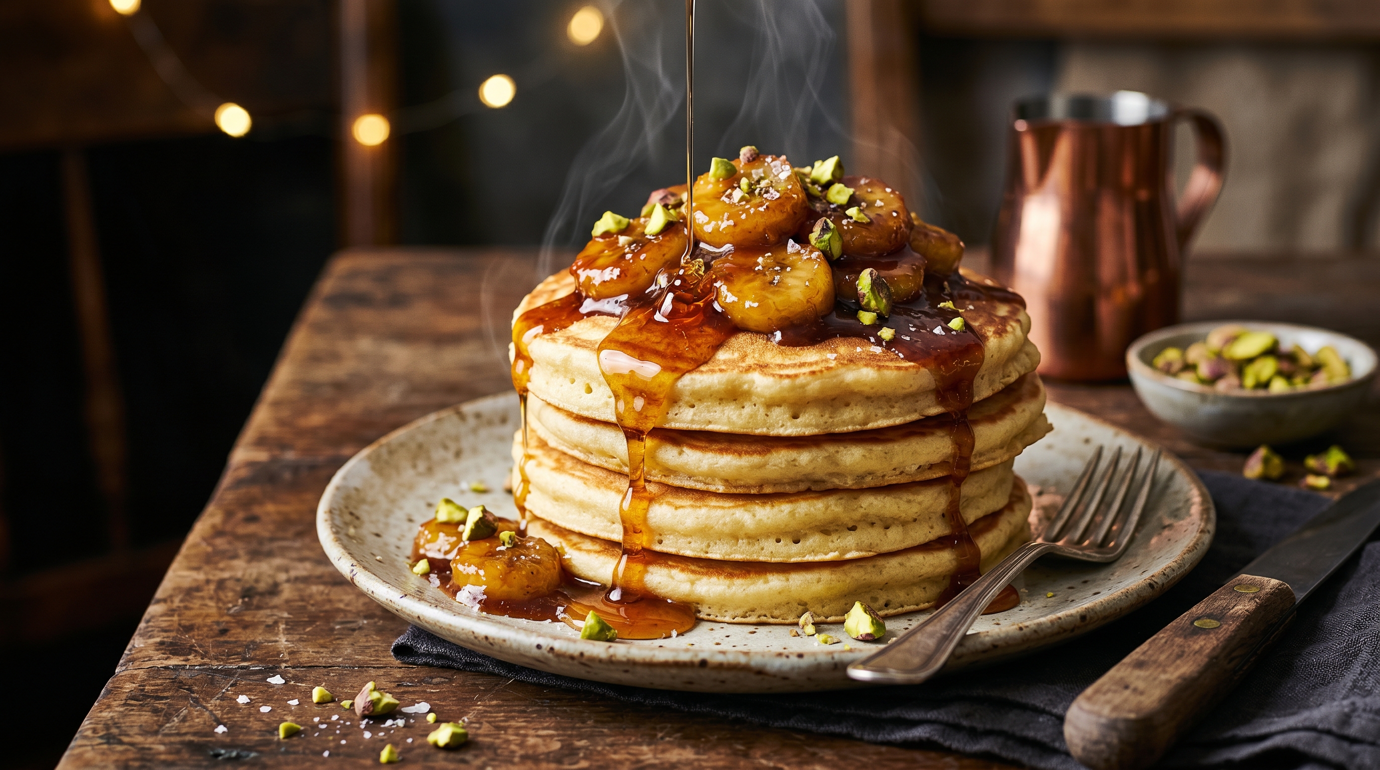 Fluffige Ricotta-Pancakes mit karamellisierten Bananen und Pistazien