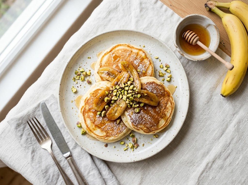 Fluffige Ricotta-Pancakes mit karamellisierten Bananen und Pistazien