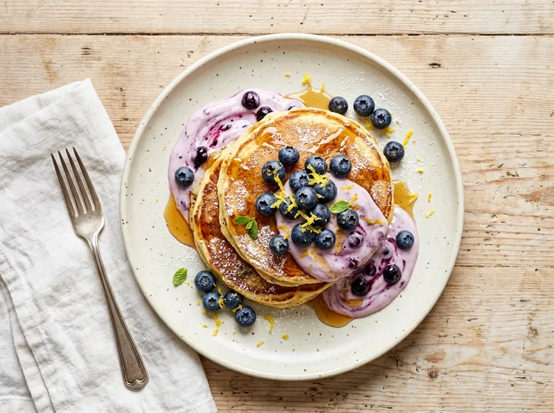 Fluffige Ricotta-Zitronen-Pancakes mit Blaubeer-Joghurt