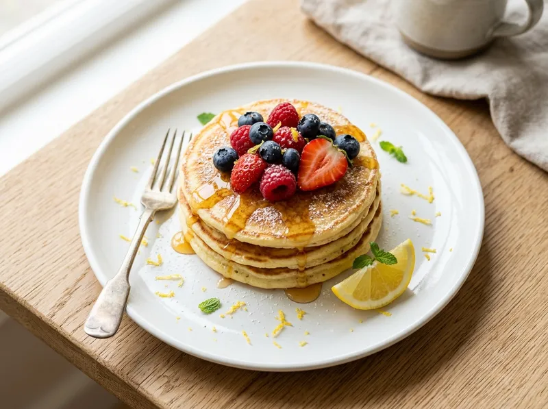 Fluffige Ricotta-Zitronen-Pancakes mit Olivenöl und Honig