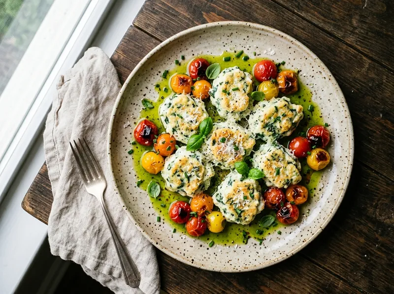 Fluffige Spinat-Ricotta-Wolken mit Kirschtomaten und Basilikum-Öl