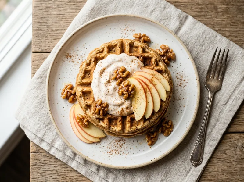 Fluffige Vollkorn-Apfel-Waffeln mit Zimt-Joghurt und Walnüssen