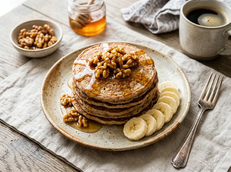 Fluffige Vollkorn-Bananen-Pancakes mit Honig-Walnuss-Topping