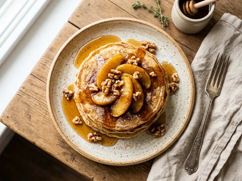 Fluffige Zimt-Apfel-Hafer-Pfannkuchen mit Walnuss-Ahornsirup-Topping