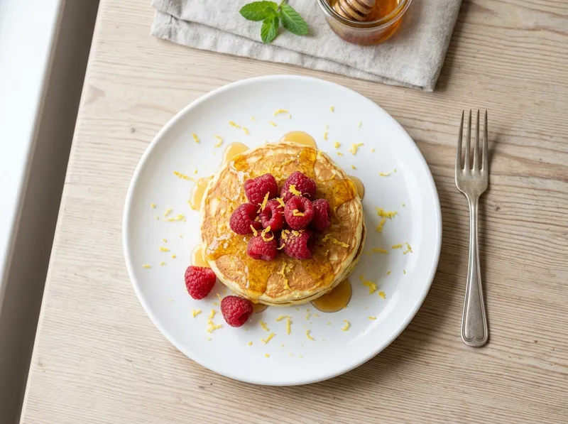 Fluffige Zitronen-Joghurt-Pannkuchen mit Honig-Himbeeren