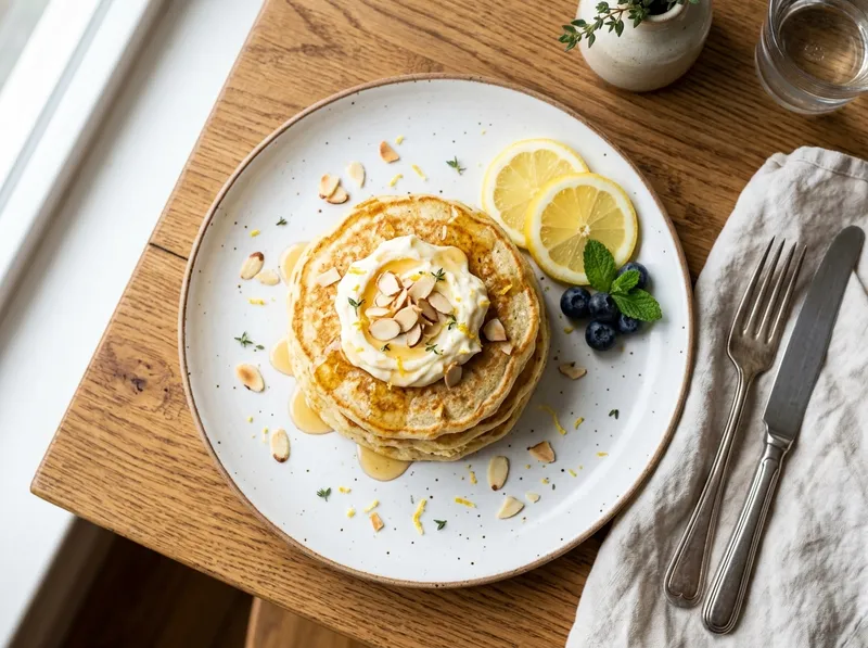 Fluffige Zitronen-Mandel-Pancakes mit Honig-Mascarpone