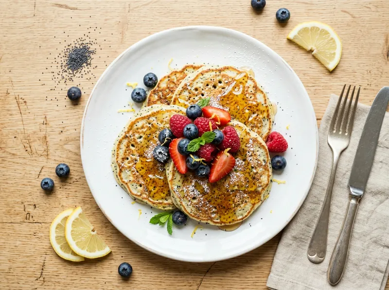 Fluffige Zitronen-Mohn-Ricotta-Pancakes mit Honig-Beeren