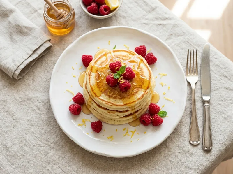 Fluffige Zitronen-Ricotta-Pancakes mit frischen Himbeeren
