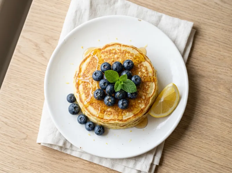 Fluffige Zitronen-Ricotta-Pfannkuchen mit frischen Blaubeeren
