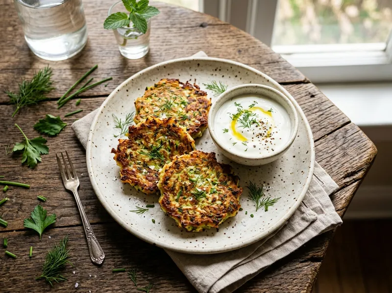 Fluffige Zucchini-Kräuter-Fritters mit Zitronen-Joghurt