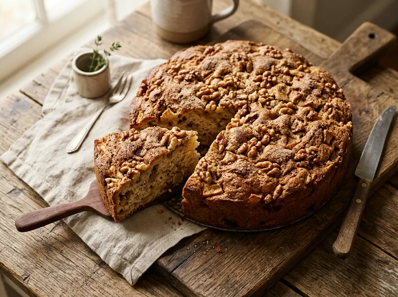 Fluffiger Apfel-Zimt-Kuchen mit gerösteten Walnüssen