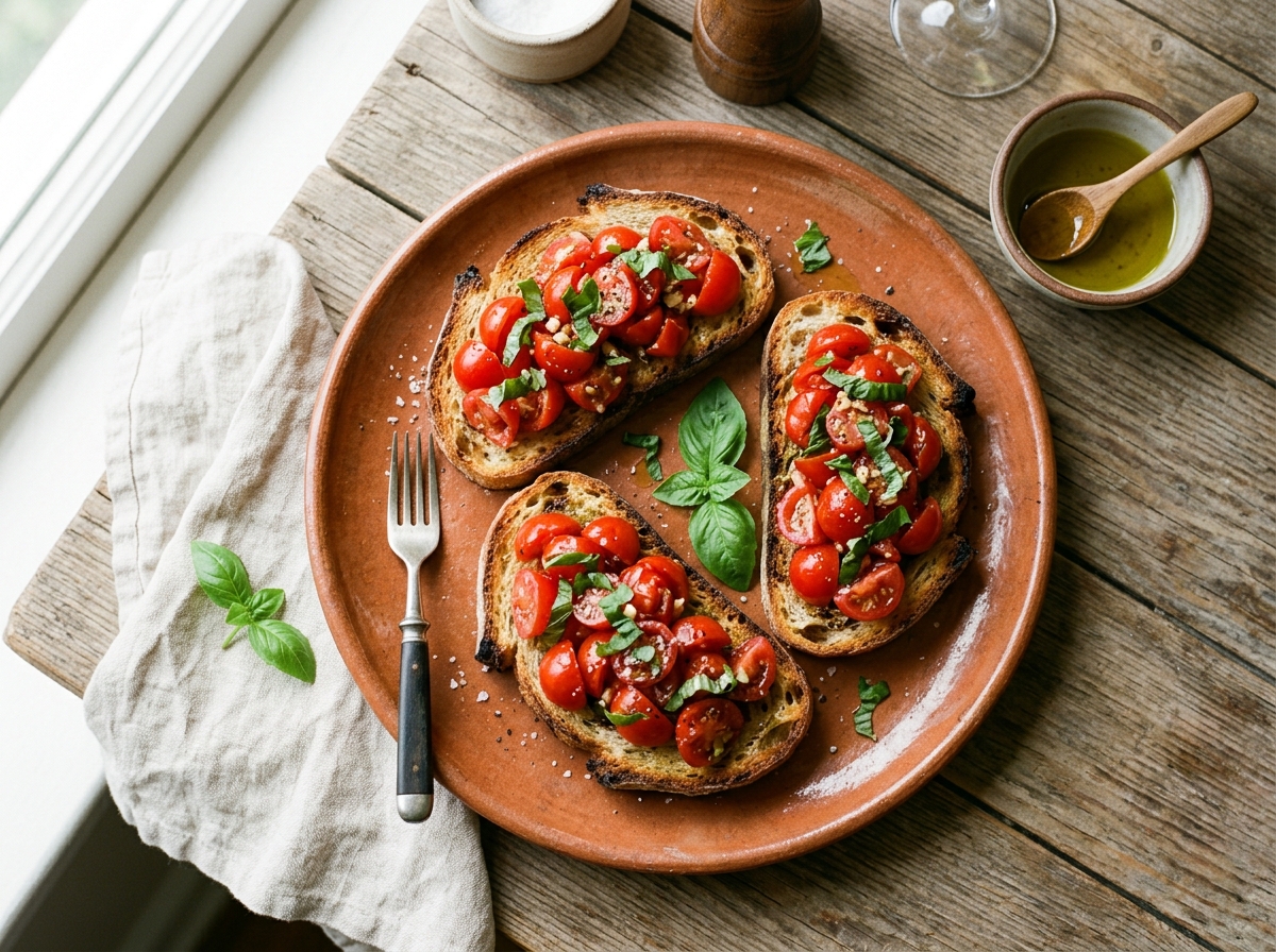Frische Bruschetta mit Tomaten, Basilikum und geröstetem Knoblauch