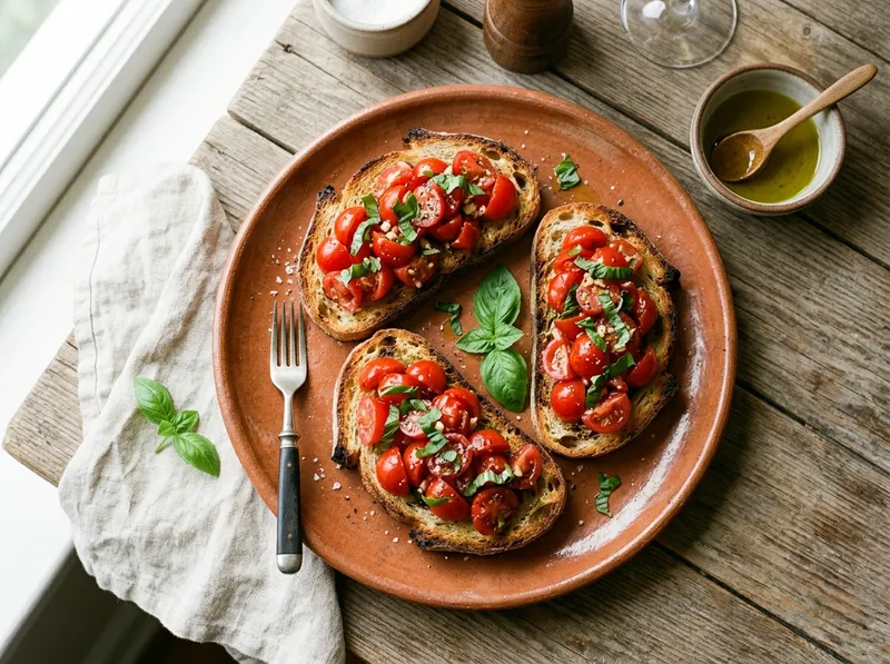 Frische Bruschetta mit Tomaten, Basilikum und geröstetem Knoblauch