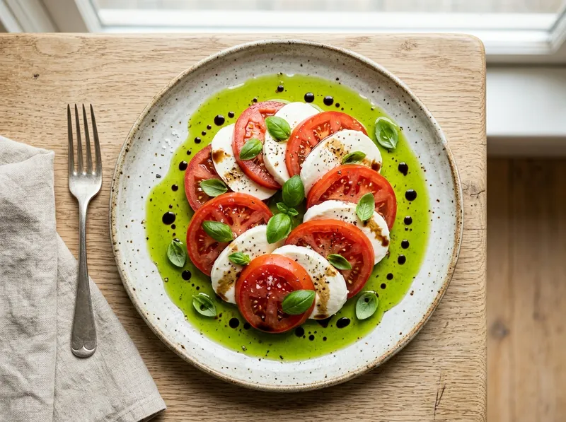 Frische Caprese mit Basilikum-Öl und geröstetem Knoblauch