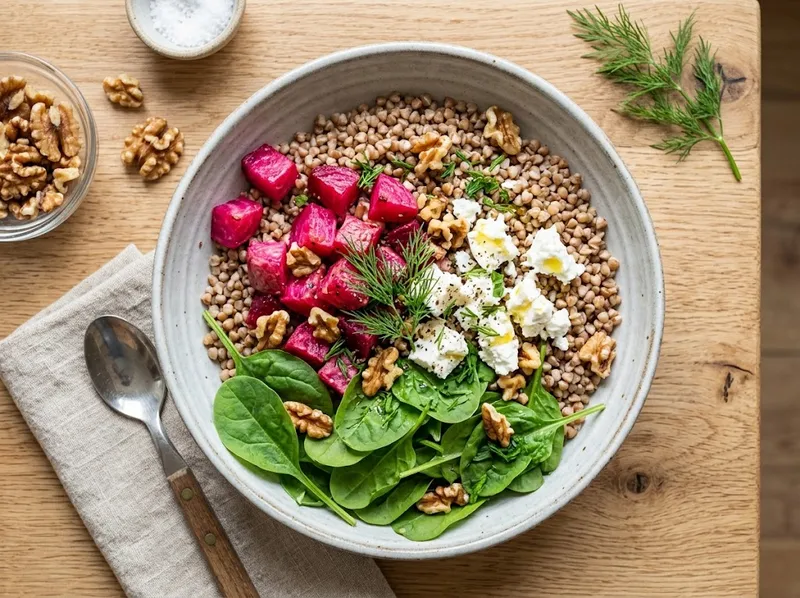 Frischer Buchweizen-Bowl mit Rote Bete und Orangen-Dill-Dressing