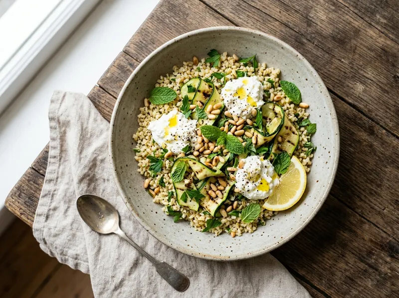 Frischer Bulgur-Bowl mit gegrillten Zucchini und Zitronen-Kräuter-Ricotta