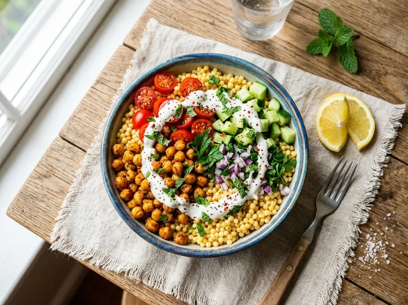 Frischer Couscous-Bowl mit gerösteten Kichererbsen und Zitronen-Joghurt