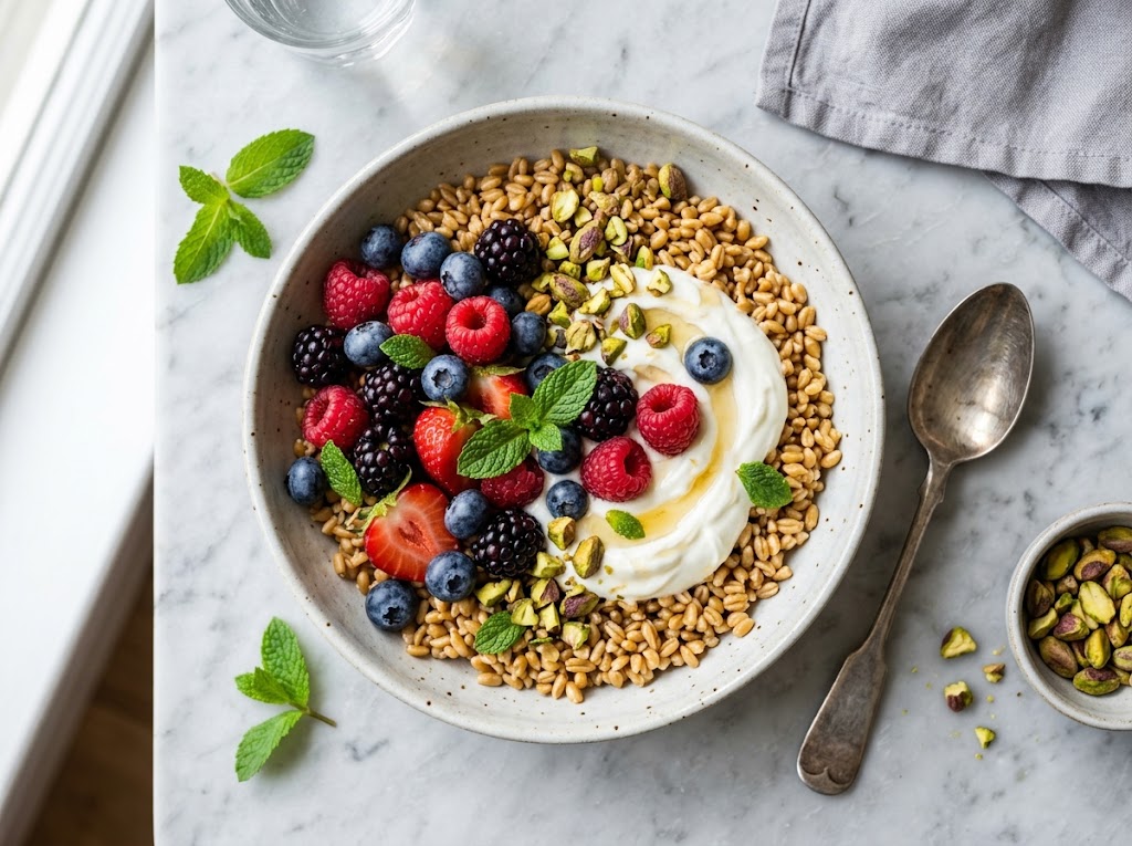 Frischer Dinkel-Beeren-Bowl mit Honig-Zitronen-Joghurt