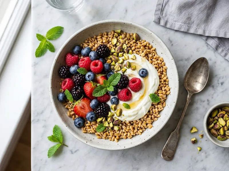 Frischer Dinkel-Beeren-Bowl mit Honig-Zitronen-Joghurt