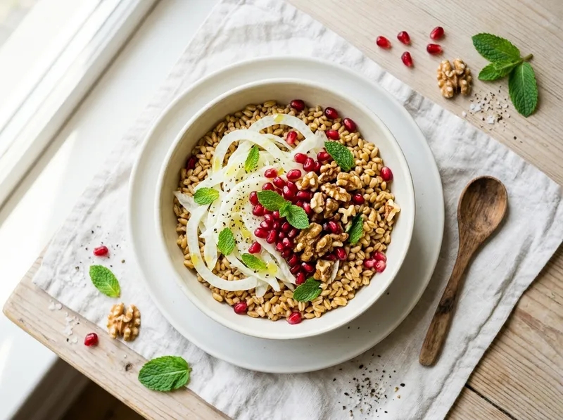 Frischer Dinkel-Bowl mit Zitronen-Fenchel und Granatapfel-Walnuss-Crunch
