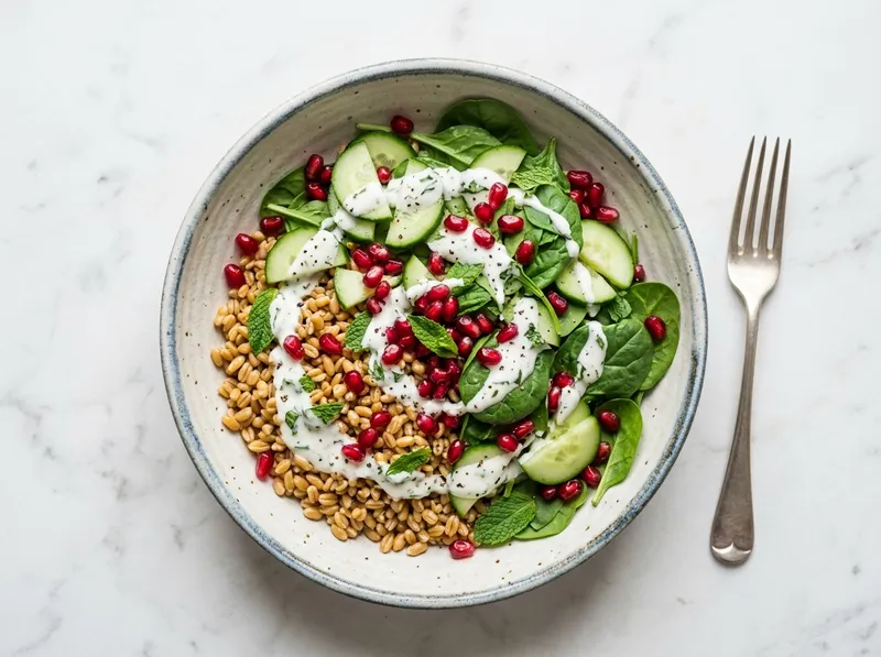 Frischer Dinkel-Granatapfel-Bowl mit Minz-Zitronenjoghurt