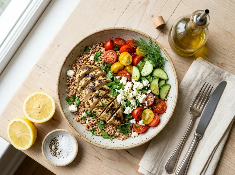 Frischer Farro-Bowl mit Zitrus-Hähnchen und Kräuter-Feta