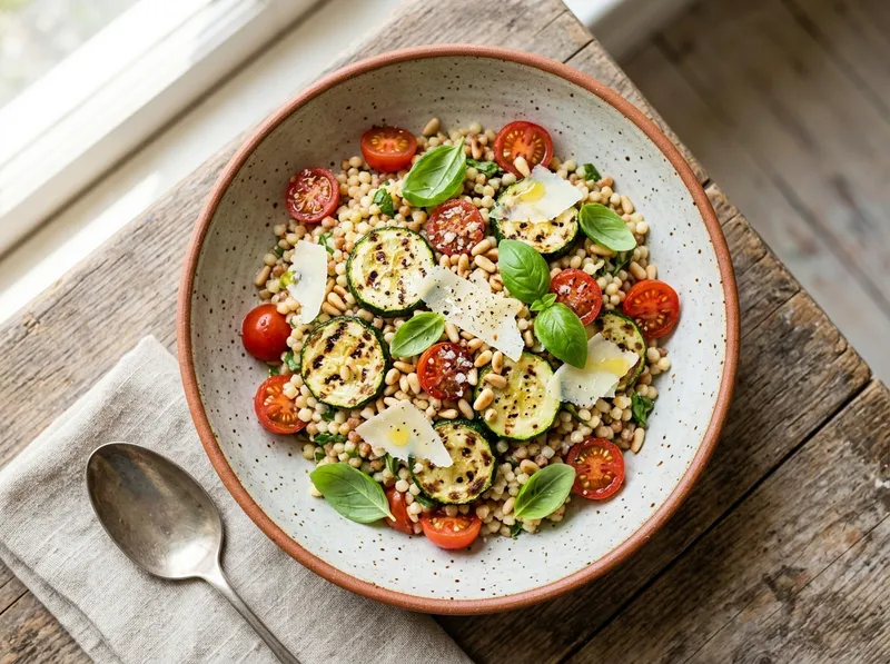 Frischer Fregola-Sarda-Bowl mit gegrillten Zucchini und Zitronen-Basilikum-Dressing
