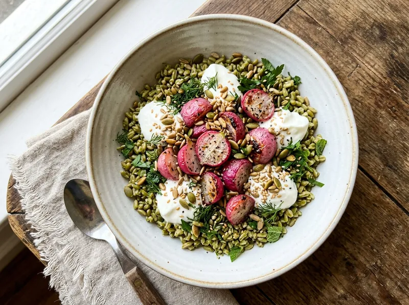 Frischer Grünkern-Bowl mit gerösteten Radieschen und Kräuter-Zitronen-Joghurt