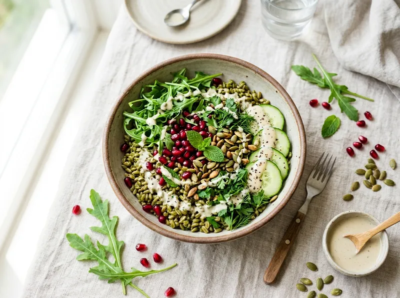 Frischer Grünkern-Granatapfel-Bowl mit Rucola und Zitronen-Tahini