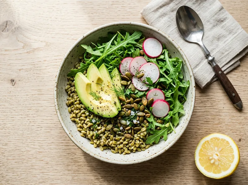Frischer Grünkern-Rucola-Bowl mit Zitrus-Avocado und knackigen Radieschen