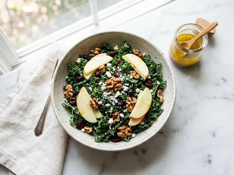 Frischer Grünkohl-Apfel-Bowl mit Walnüssen und Honig-Senf-Dressing