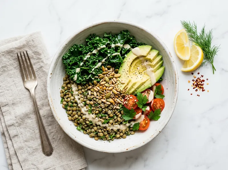 Frischer Grünkohl-Linsen-Bowl mit Zitrus-Tahini und knackigen Kernen