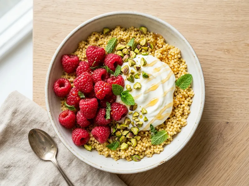 Frischer Hirse-Bowl mit Himbeeren und Zitronen-Minz-Joghurt