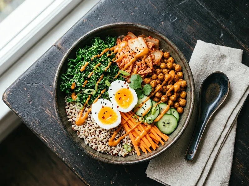 Frischer Kimchi-Grünkohl-Bowl mit Gochujang-Tahini und knusprigen Kichererbsen