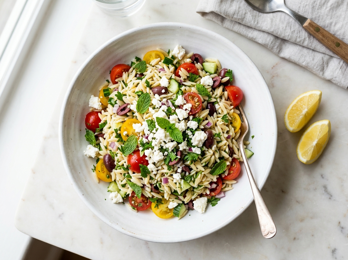 Frischer Orzo-Salat mit Kirschtomaten und Zitronenvinaigrette