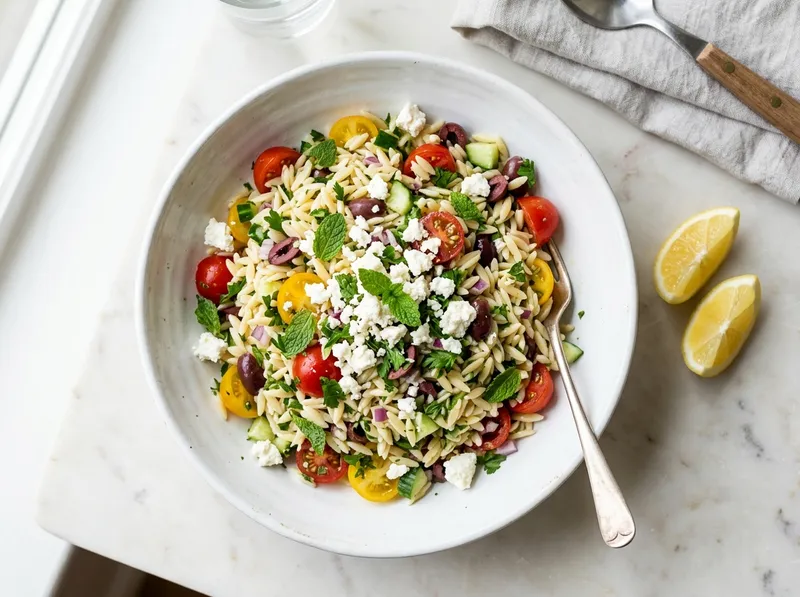 Frischer Orzo-Salat mit Kirschtomaten und Zitronenvinaigrette