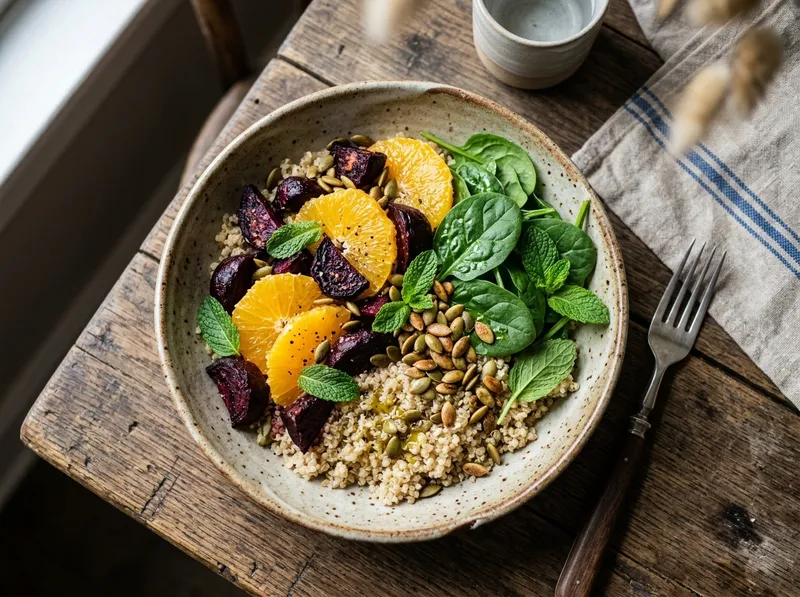 Frischer Quinoa-Bowl mit gerösteten Rüben und Orangen-Minz-Dressing