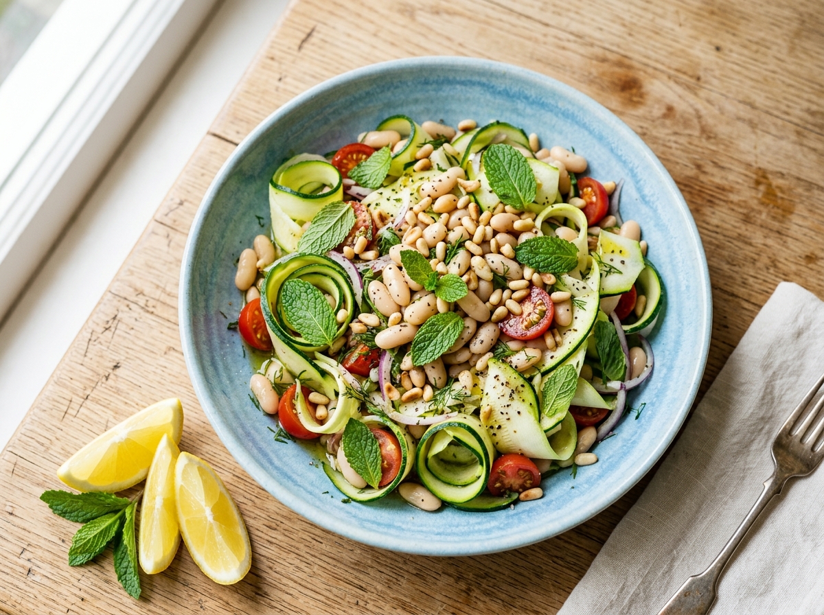 Frischer Zucchini-Minz-Bowl mit weißen Bohnen und Zitronendressing