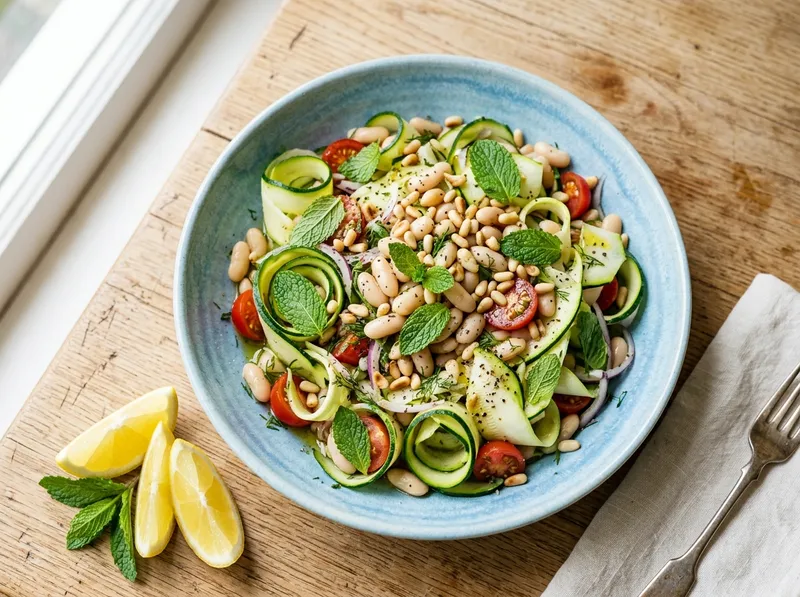 Frischer Zucchini-Minz-Bowl mit weißen Bohnen und Zitronendressing
